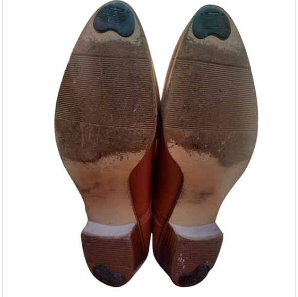 Vintage Terra Cotta Brown Tall Leather Boot Size 10 Small Strap Buckle Wood Heel - Picture 8 of 9